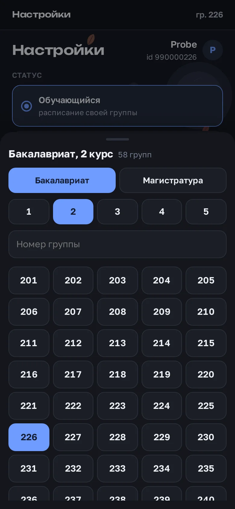 Выбор группы: бакалавриат и магистратура, 1–5 курс